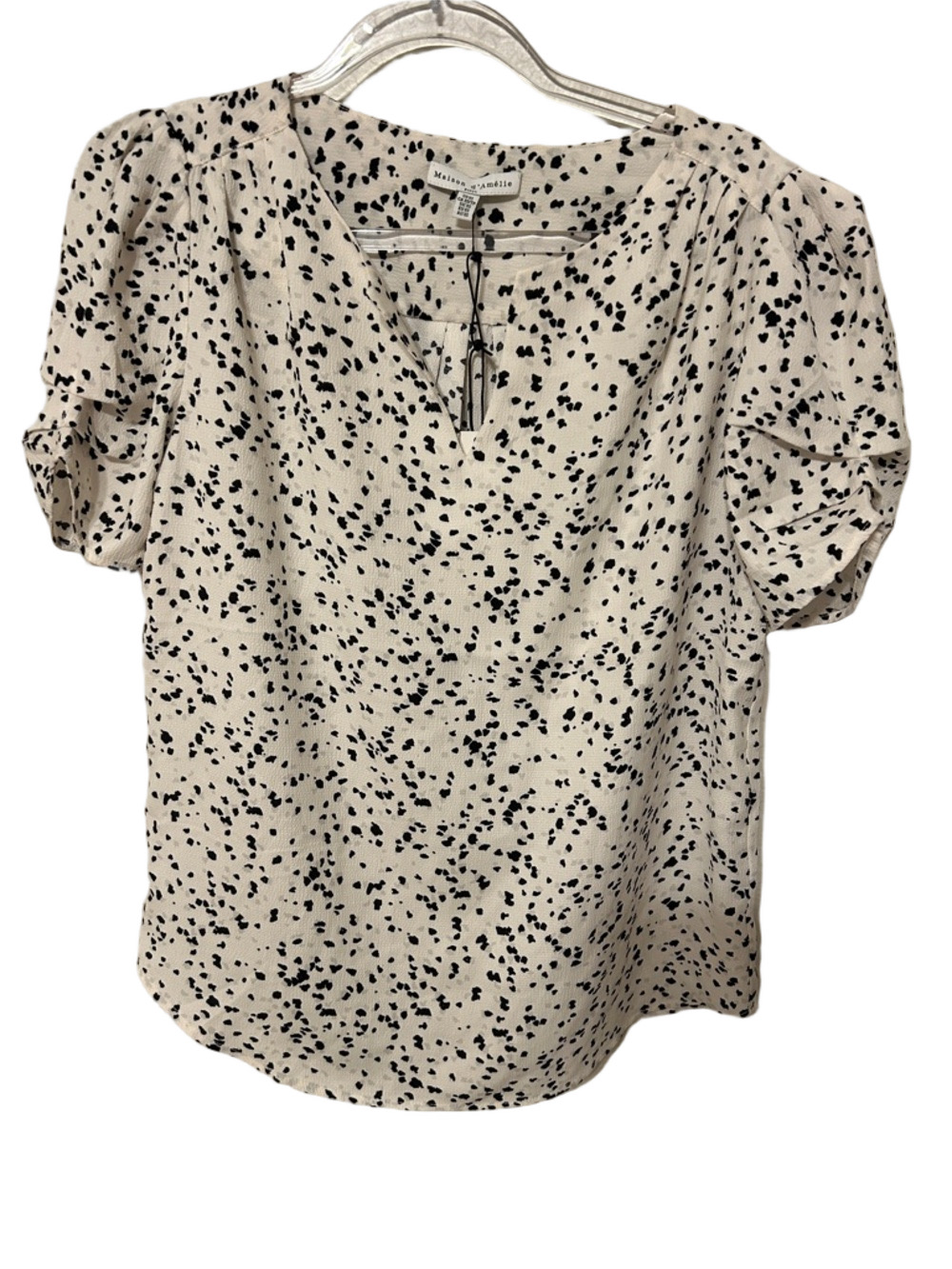 🐕‍🦺Maison d’Amelie Cream/white V-Neck Puff Sleeve Top Black Speckle Print XS NEW